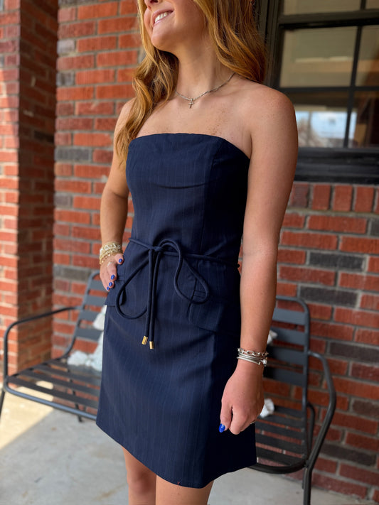 Randia Striped Mini Dress in Navy Pinstripe