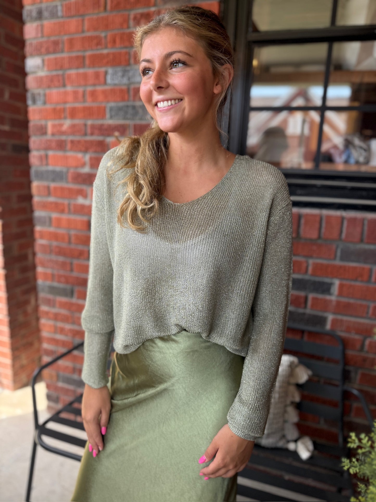 Joelene  Shimmer Sweater Top in Eucalyptus