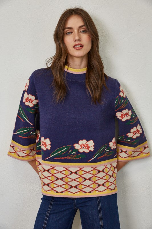 Patterned Jacquard Mock Neck Sweater in Navy Combo