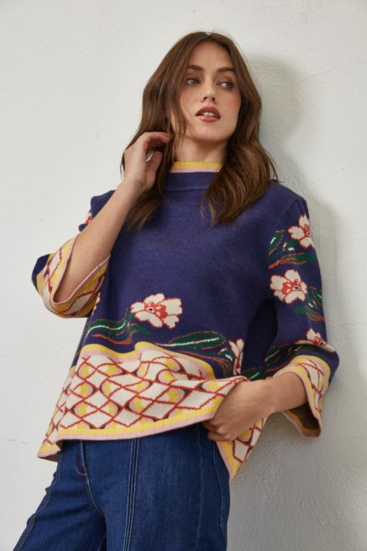 Patterned Jacquard Mock Neck Sweater in Navy Combo