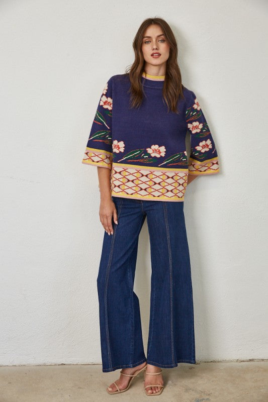 Patterned Jacquard Mock Neck Sweater in Navy Combo