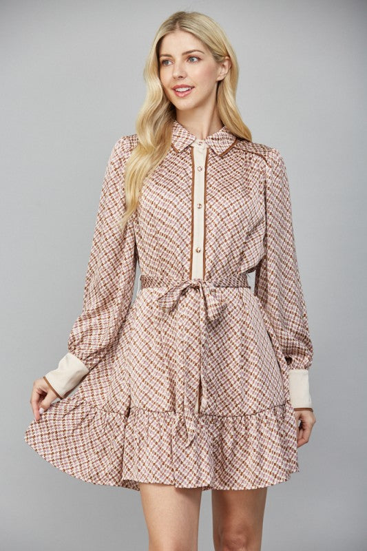 Geo Print Satin Tie Waist Dress in Beige Combo