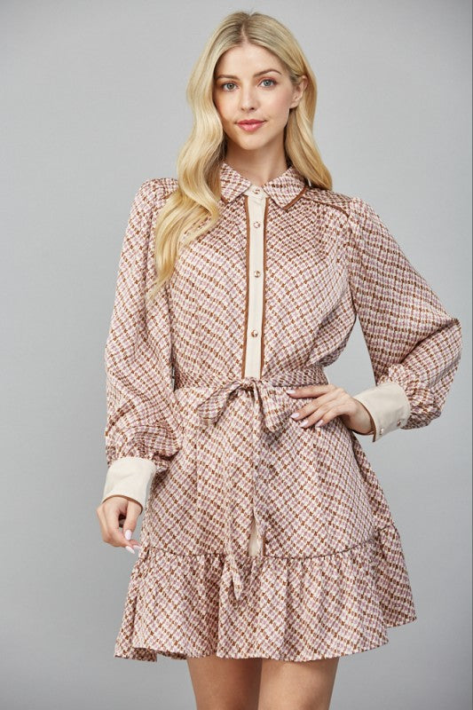Geo Print Satin Tie Waist Dress in Beige Combo