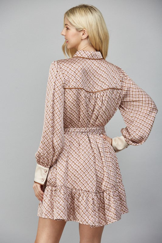 Geo Print Satin Tie Waist Dress in Beige Combo