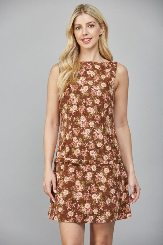 Floral Print Corduroy Sleeveless Dress
