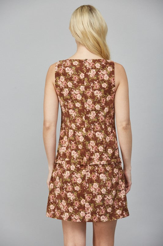 Floral Print Corduroy Sleeveless Dress