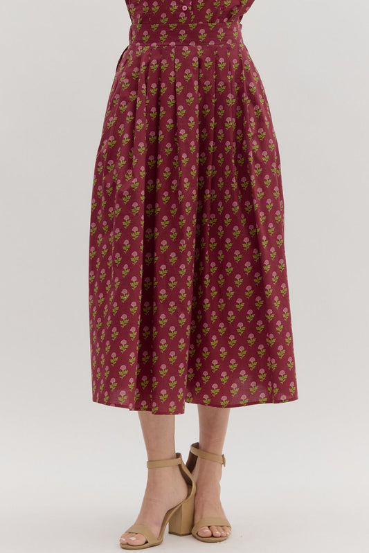Mini Floral Pleated Midi Skirt in Burgundy