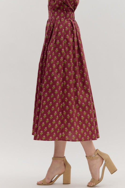 Mini Floral Pleated Midi Skirt in Burgundy