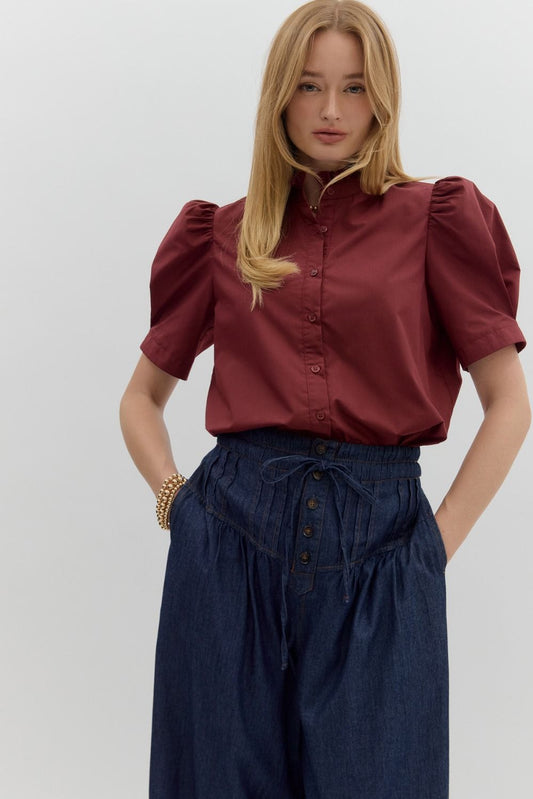 Puff Sleeve SS ButtonUp Burgundy