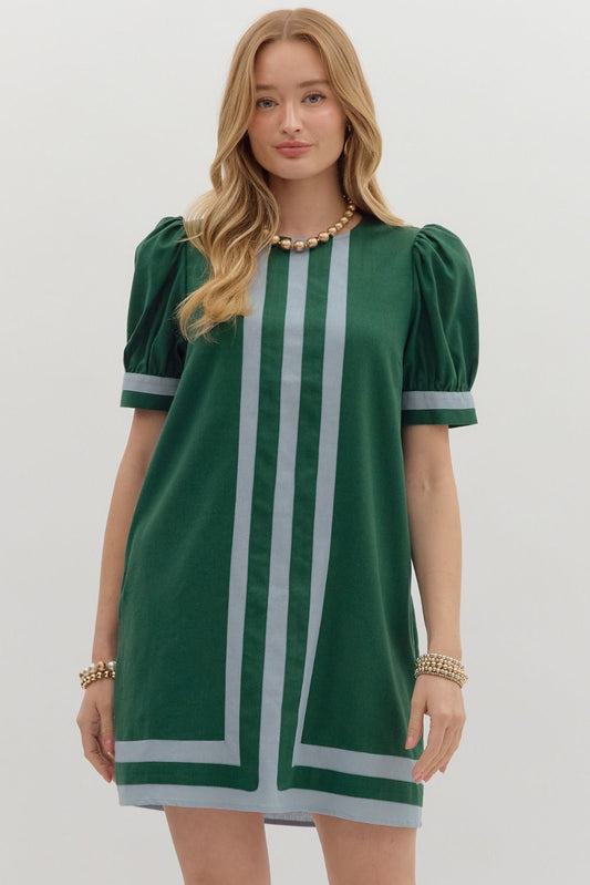 Puff Sleeve Mini Dress w/Contrast Stipe Green