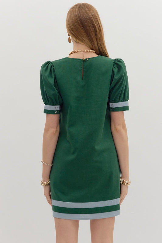 Puff Sleeve Mini Dress w/Contrast Stipe Green