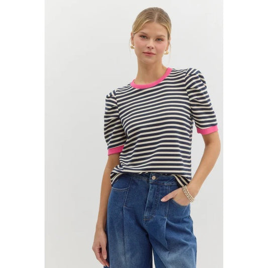 Navy Striped Top with Structured Sleeves