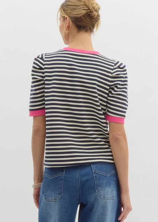 Navy Striped Top with Structured Sleeves