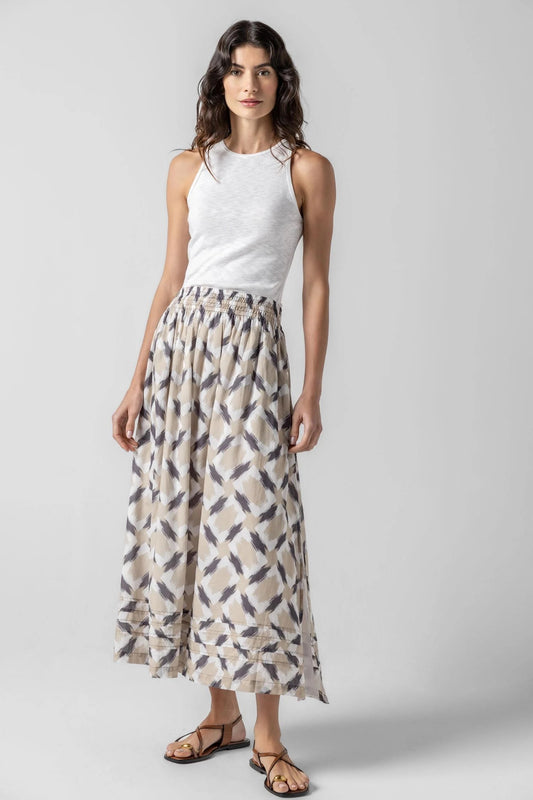 Neutral Ikat Print Elastic Waist Skirt