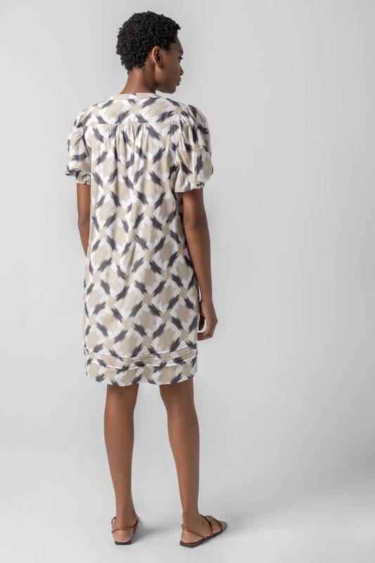 Elbow Sleeved Dress in Neutral Ikat Print