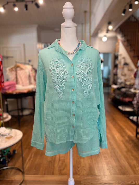 Fishnet Embroidered Betty Top in Aqua
