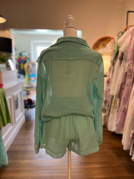 Fishnet Embroidered Betty Top in Aqua