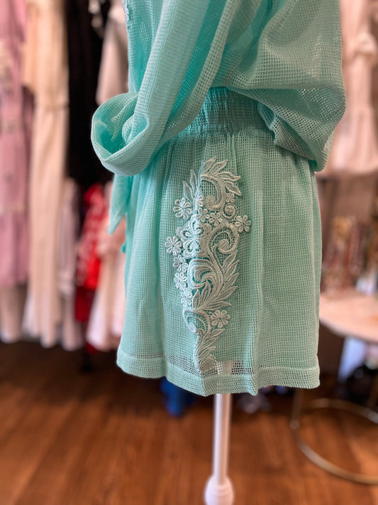 Fishnet Embroidered Short in Aqua