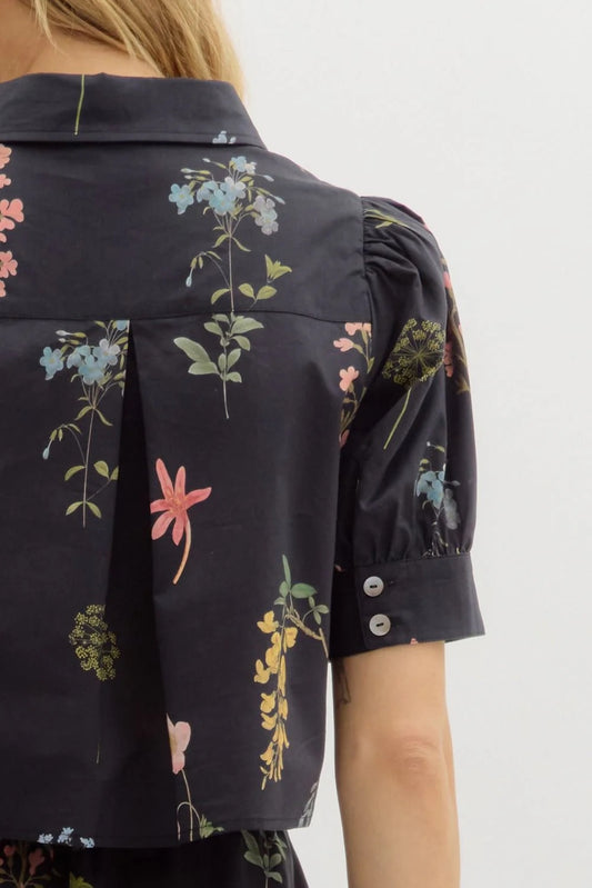 Black Floral Short Sleeve Top