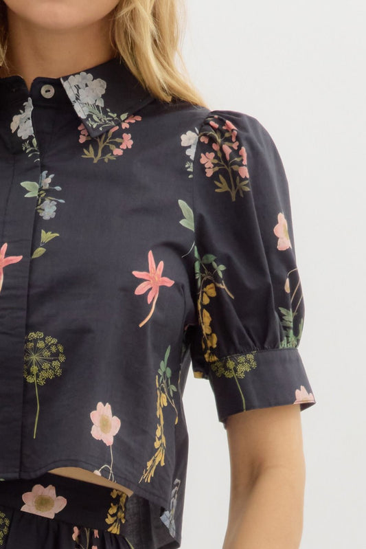 Black Floral Short Sleeve Top