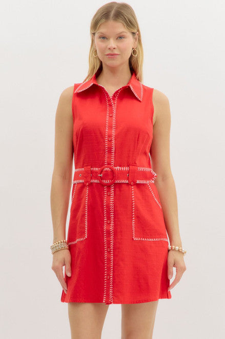 Sleeveless Red Dress W/White Trim