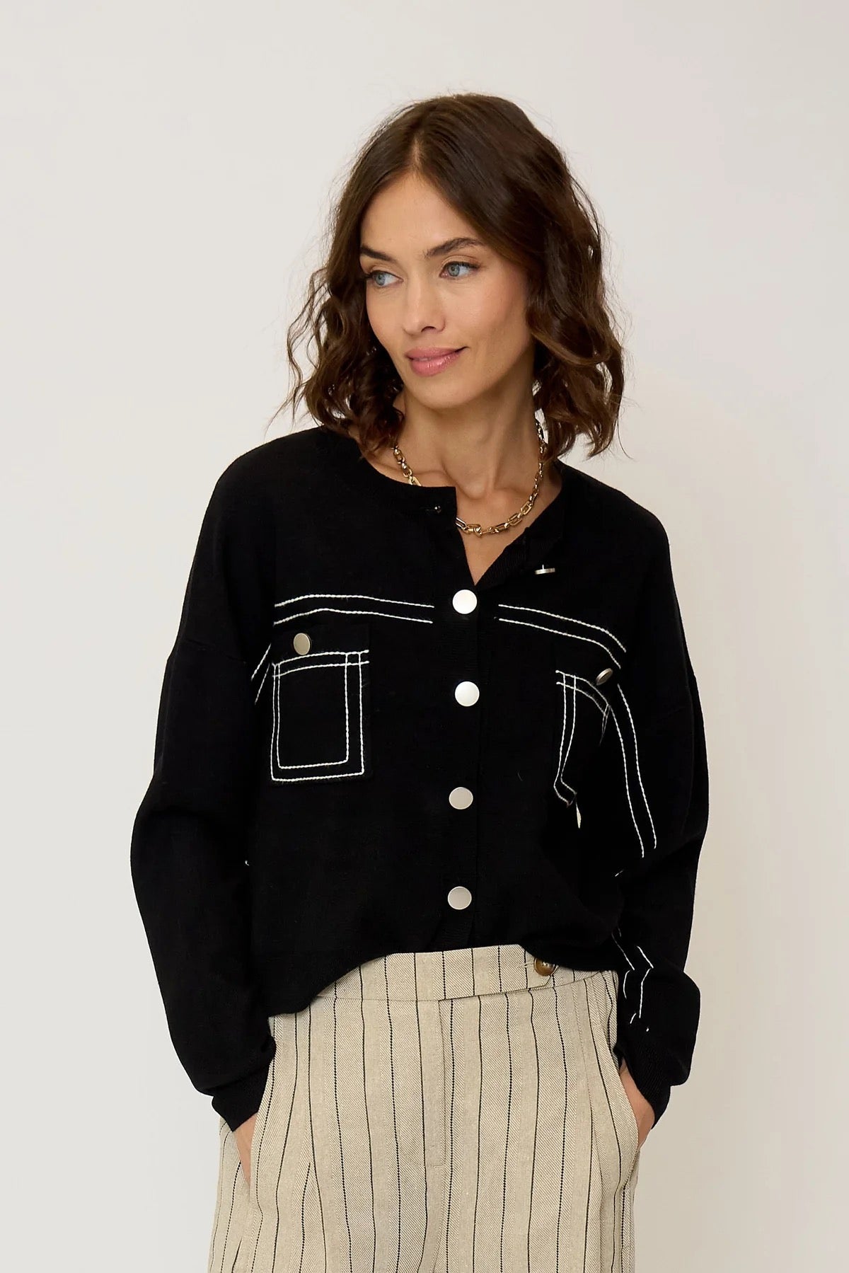 Black Oliver Oversized Topstitched Cardigan