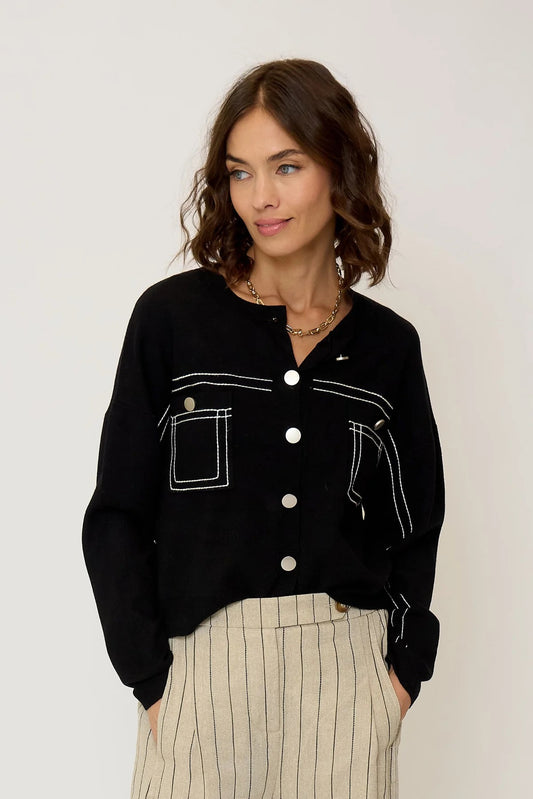 Black Oliver Oversized Topstitched Cardigan