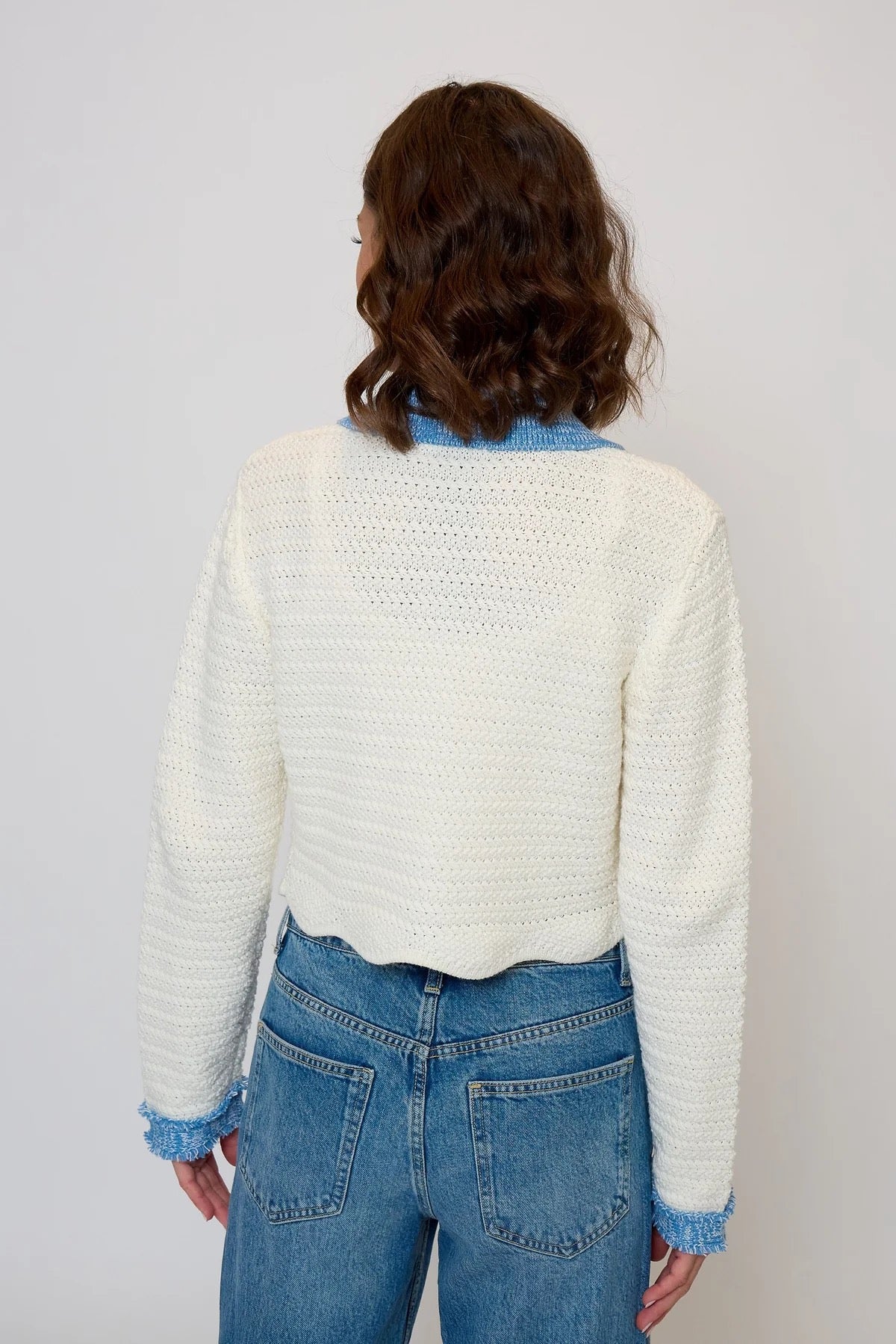 Denim/White Rose Scallop Edge Sweater