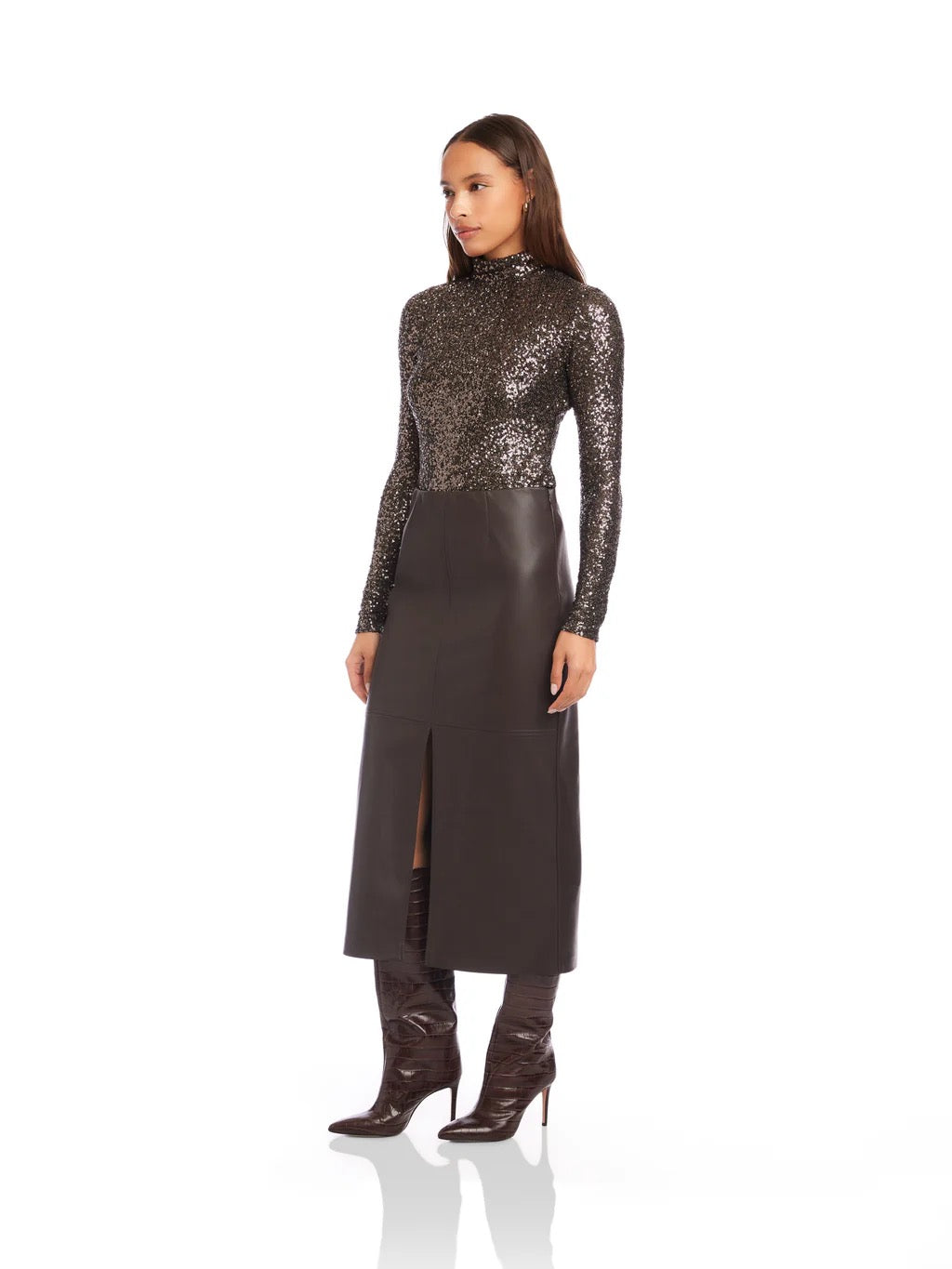 Brown Kaia Faux Leather Midi Skirt