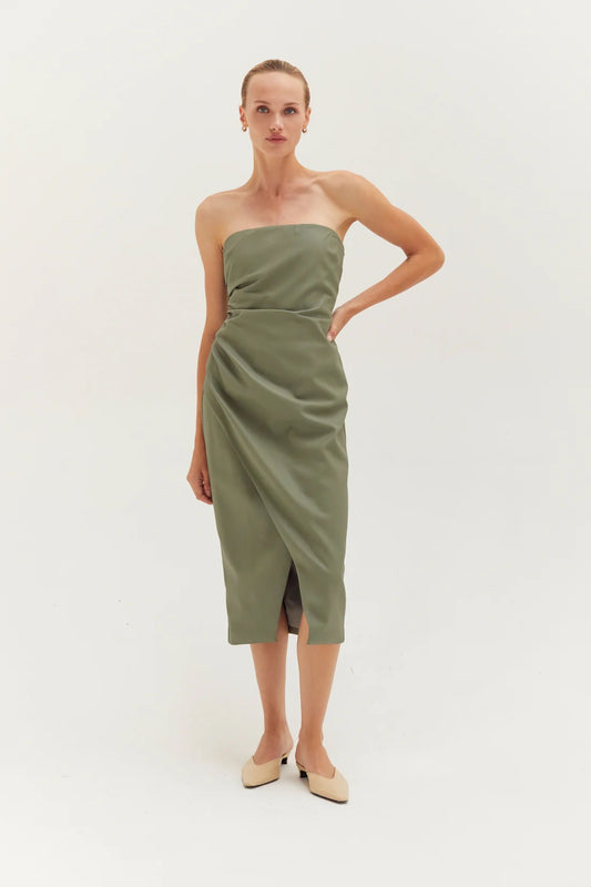 Vegan Leather Tube Midi Dress in Eucalyptus