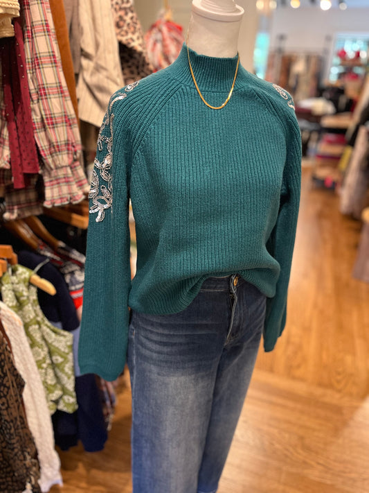 Teal Strewn Sweater with Rhinestones