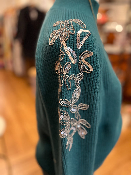 Teal Strewn Sweater with Rhinestones