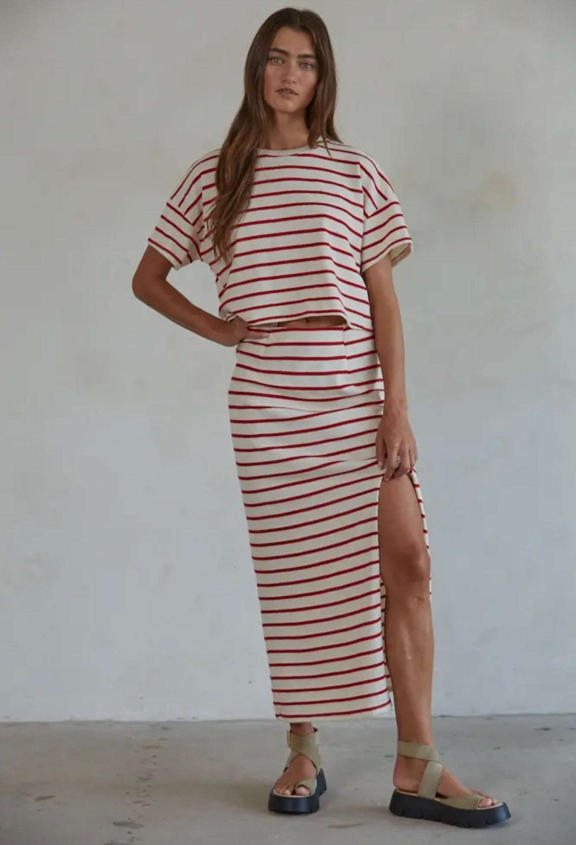Red Knit Striped Pencil Skirt