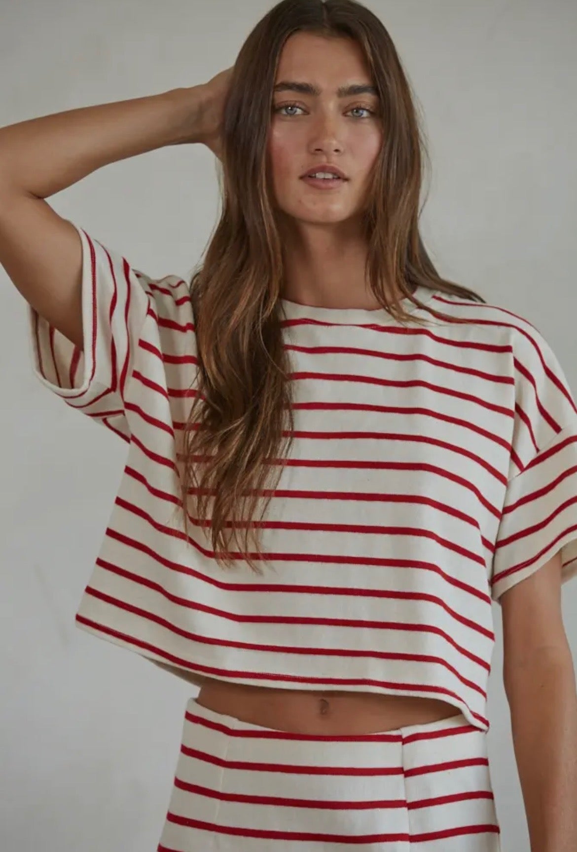 Knit Stripe Short Sleeve Top in Red