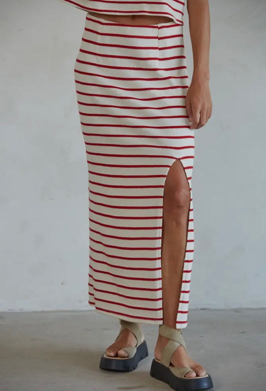 Red Knit Striped Pencil Skirt