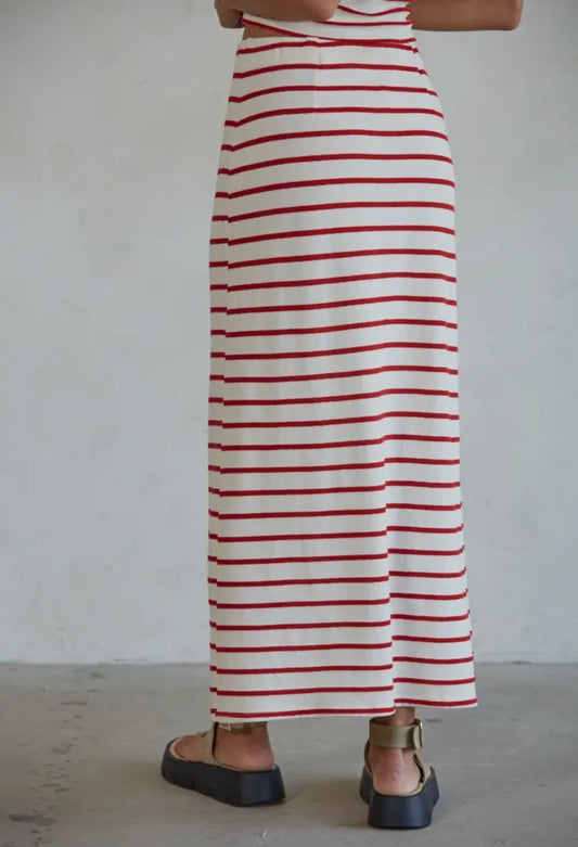 Red Knit Striped Pencil Skirt
