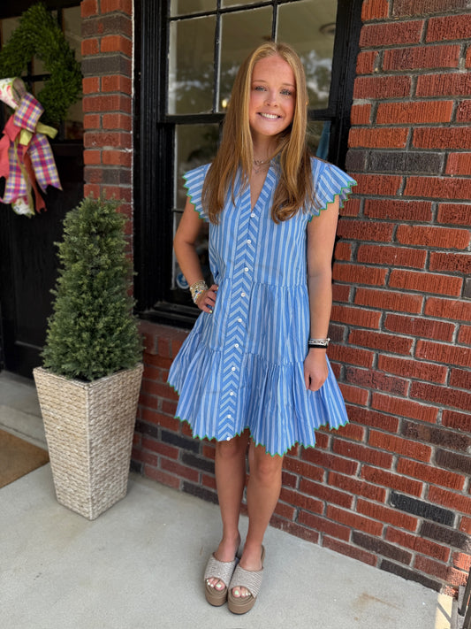 Alys Dress in Blue/Green Stripe