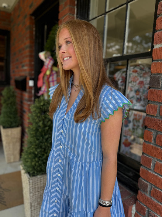 Alys Dress in Blue/Green Stripe