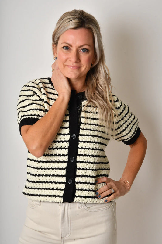 Stripe Button Down Sweater in Black/Off White