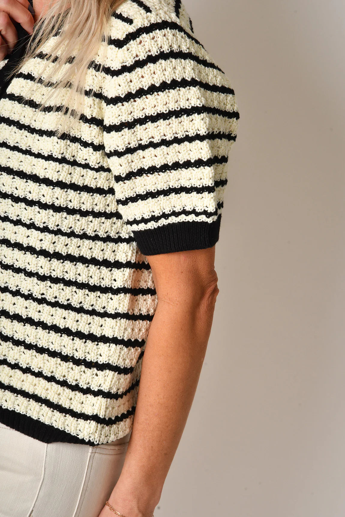 Stripe Button Down Sweater in Black/Off White