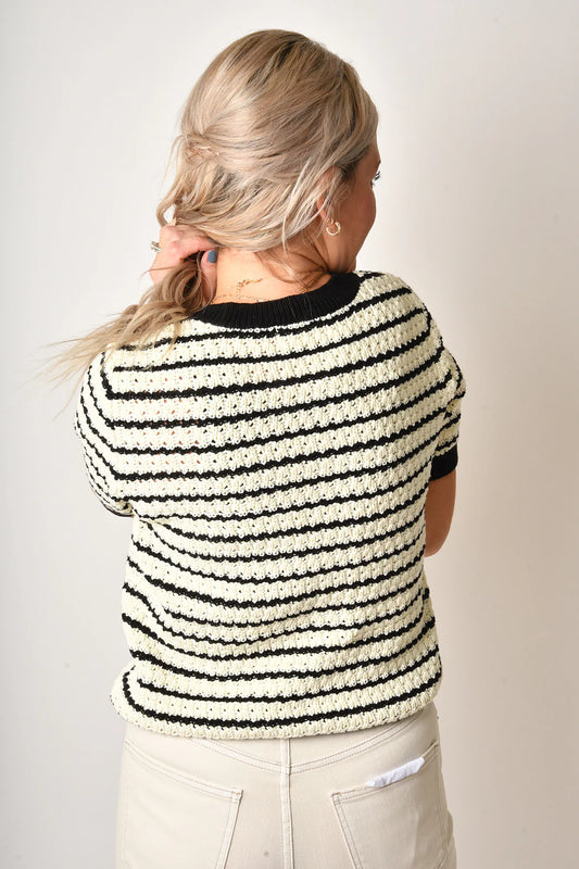 Stripe Button Down Sweater in Black/Off White
