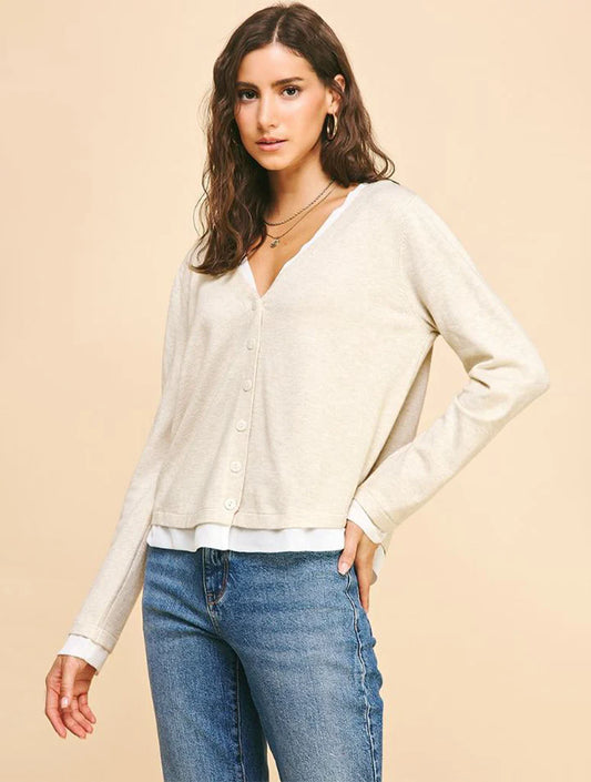 V Neck Button Down Combo Top in Oatmeal