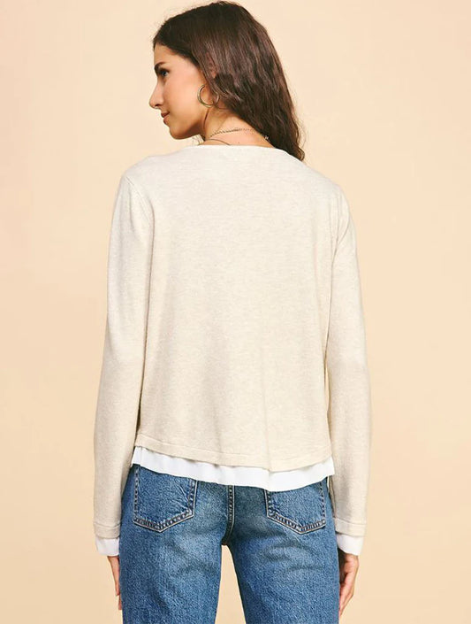V Neck Button Down Combo Top in Oatmeal